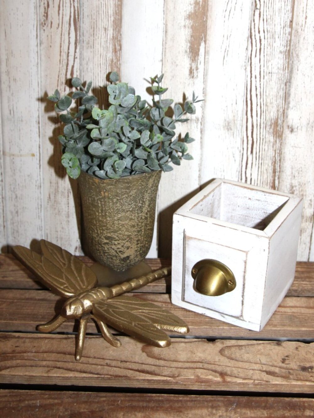 Gold Dragonfly Object w/Mercury Glass Vase Eucalyptus & Drawer Box